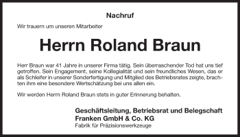 Traueranzeige von Roland Braun von Pegnitz-Zeitung
